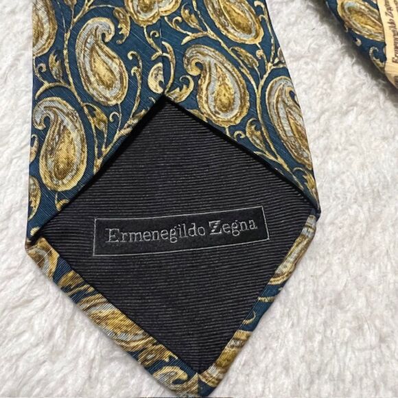Ermenegildo Zegna Gold Black Paisley Print Silk Linen Necktie - Picture 5 of 7
